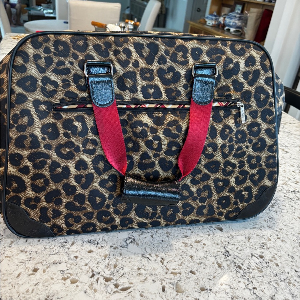 VINTAGE BRIGHTON AFRICA STORIES COLLECTION LEOPARD PRINT ROLLING WEEKENDER BAG